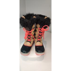 RARE Sorel Joan of Arctic Faux Fur Waterproof Boots Tan/Black/Coral  Womens 8